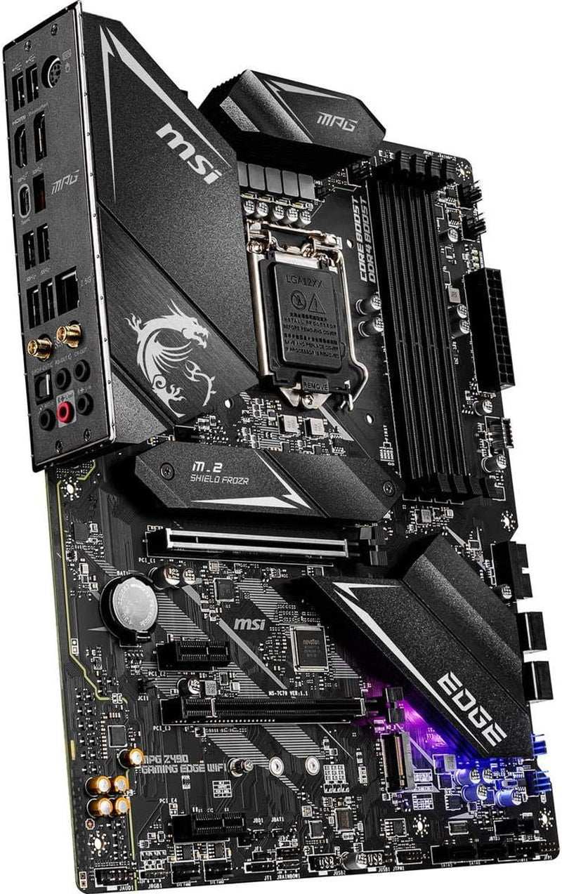 MPG Z490 GAMING EDGE WIFI motherboard with LGA 1200 socket, DDR4 support, dual M.2 slots, USB 3.2 Gen 2, Wi-Fi 6, and Mystic Light RGB lighting.