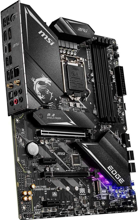 MPG Z490 GAMING EDGE WIFI motherboard with LGA 1200 socket, DDR4 support, dual M.2 slots, USB 3.2 Gen 2, Wi-Fi 6, and Mystic Light RGB lighting.