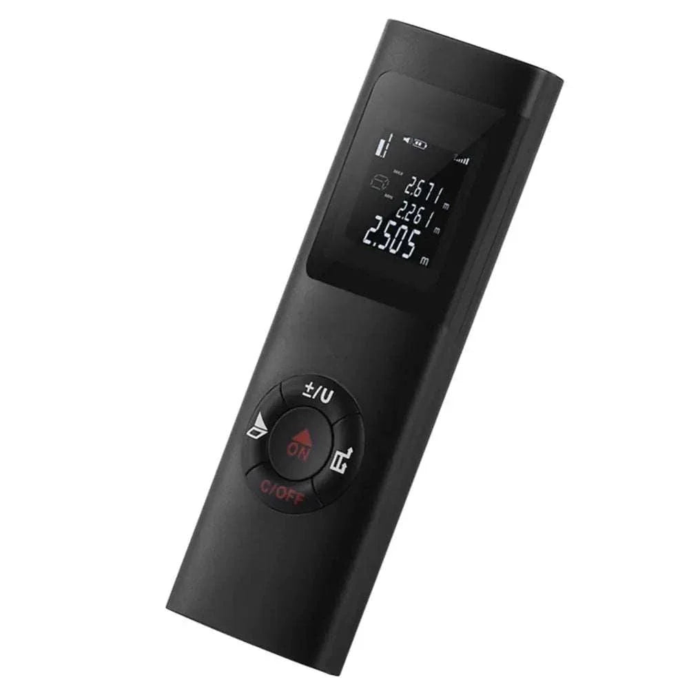 Compact black mini laser distance measure with backlit LCD and circular control buttons